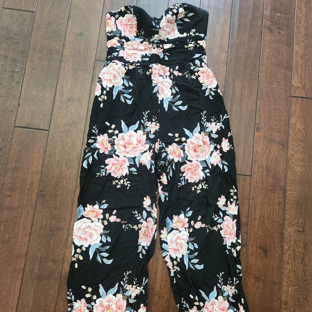 Black strapless jumpsuit with flowers